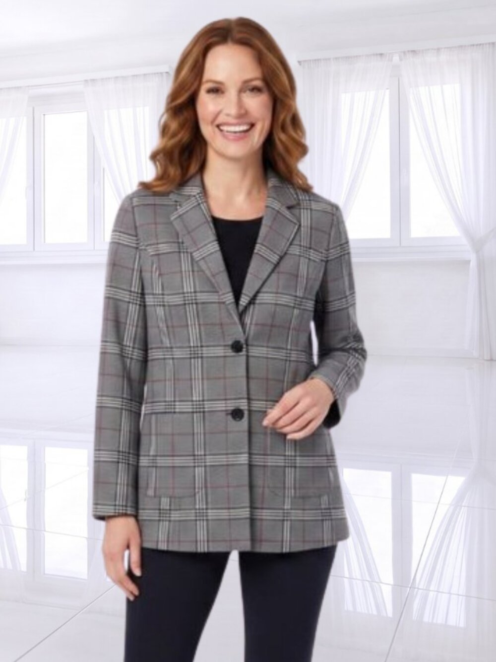 DG2 Diane Gilman Plaid Boyfriend Blazer Red Accent Size Medium